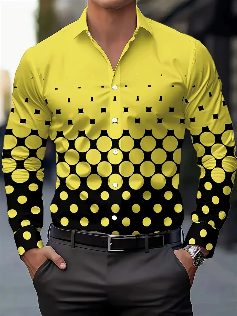 New Spring and Autumn Social Men's Shirt Flip Collar Button Casual Dot Printed Long Sleeve Shirt Top Men's Wear