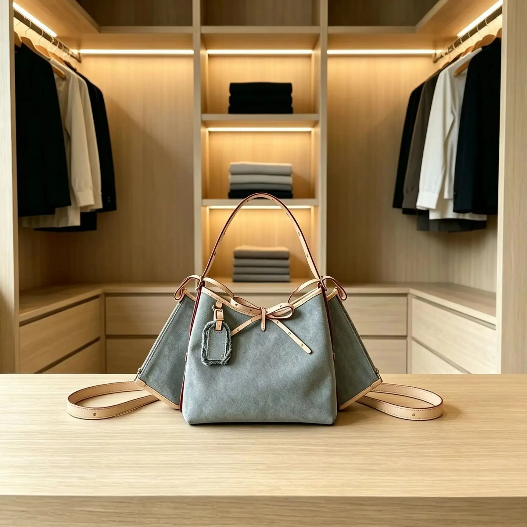 Bolso tipo tote de ante gris para mujer, bolso de mano de gran capacidad con detalles de cuero, lazo decorativo y correa de hombro desmontable.