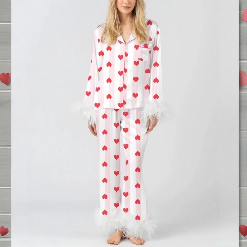 Lamuusaa Mommy and Me Matching Pajamas Stripe Heart Print Feather Cuffs Long Sleeve Shirt Tops and Pants Set Family Sleepwear