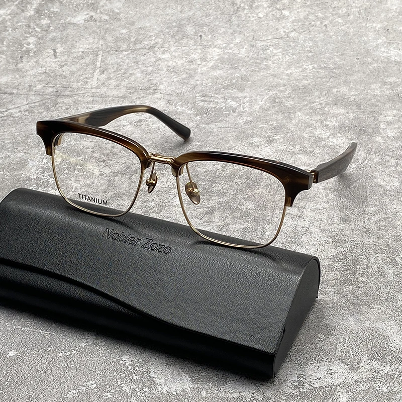 High quality men's clamshell half-frame glasses made of pure titanium square acetate optical frame for prescription glasses