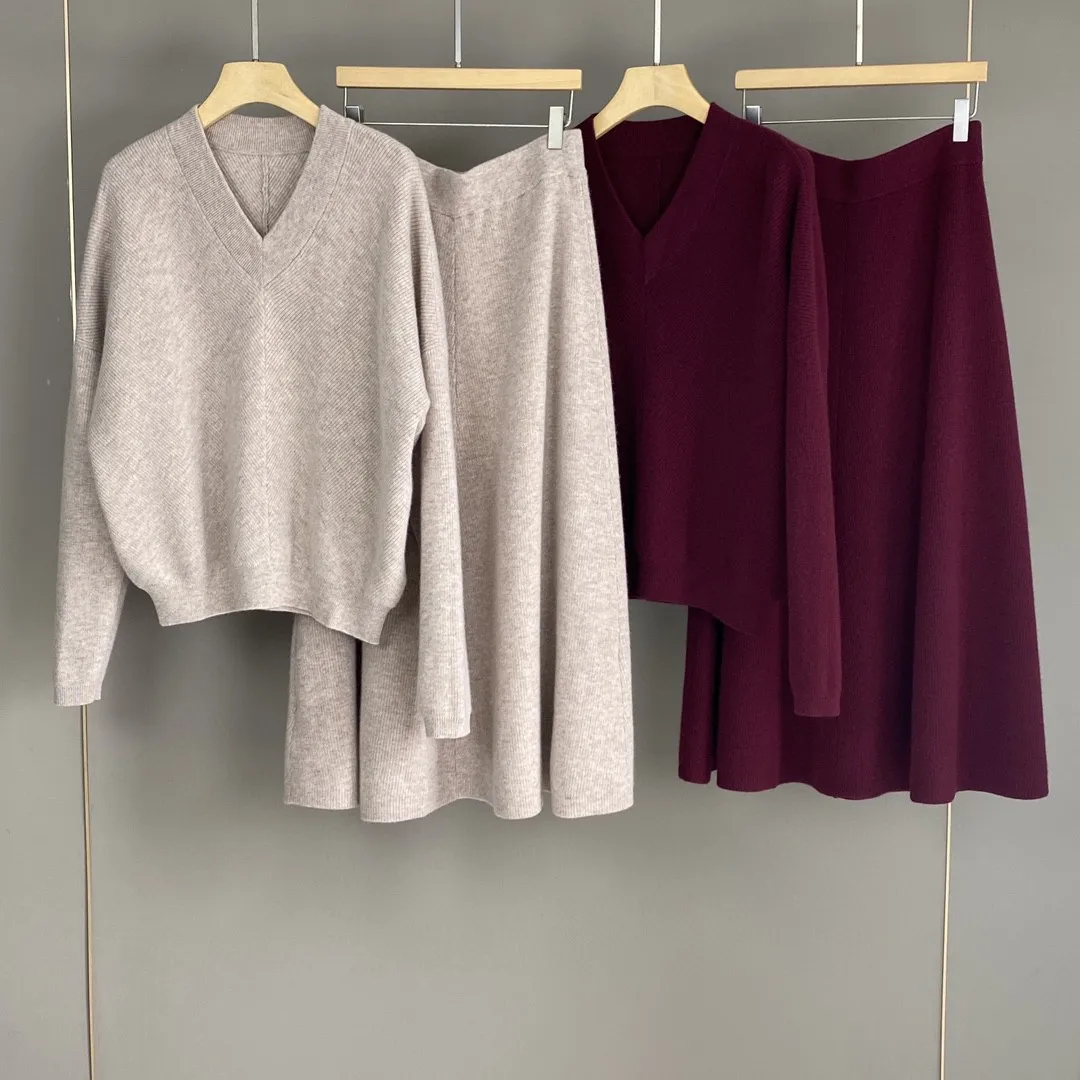 Wool and Cashmere Women's Knitted Skirt Suit Autumn Winter V-Neck Long Sleeve Sweater or Elastic Waist A-Line Long Jupe