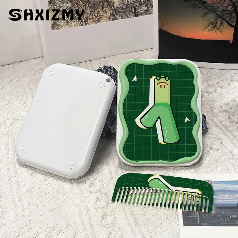 Cartoon Green Scallion Pattern Flip-Top Folding Makeup Mirror Portable Pocket Mirror Rectangle Cosmetic Mirror With Comb