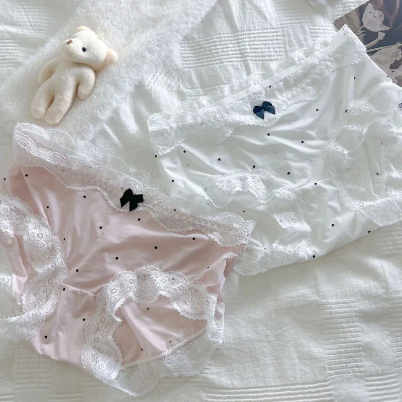 SP & CITY ฤดูร้อน Vintage Dots ลูกไม้หวานกางเกงผู้หญิงกลางเอวผ้าฝ้ายผ้าไหมน้ําแข็ง Breathable ชุดชั้นในกางเกงไม่มีรอยต่อ