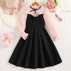 Spring And Autumn Girl's Pleated Lace Collar And Mesh Patchwork Long Sleeved Sexy Hollow Fit Elegant Romantic Dress