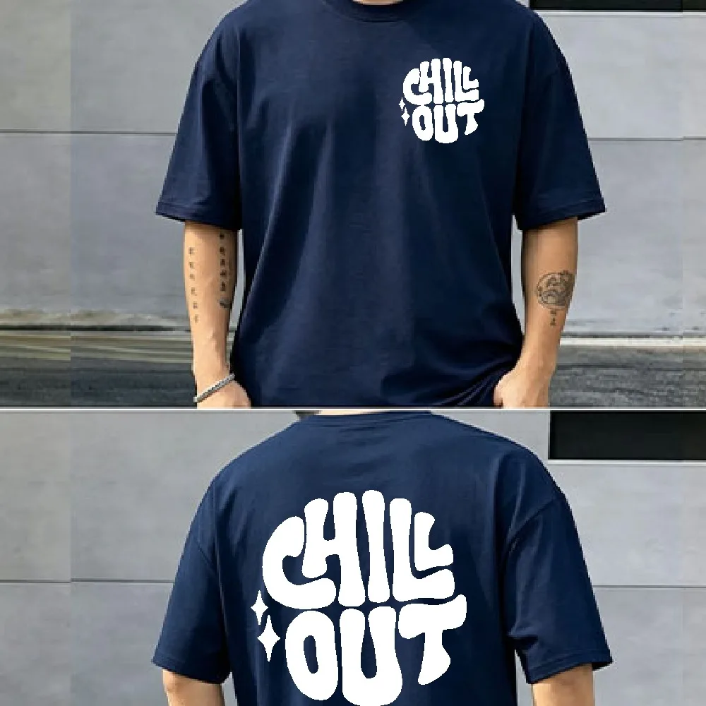 Chill Out Bubble Chest & Back Print Boxy Unisex Tee Retro Y2K Groovy Slogan Top, Soft Cotton Casual Streetwear Gift for Teens