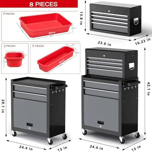 8-Drawer Tool Chest with Wheels,42'' Rolling Tool Chest Heavy Duty,Detachable Top Tool Box,Tool Cabinet with