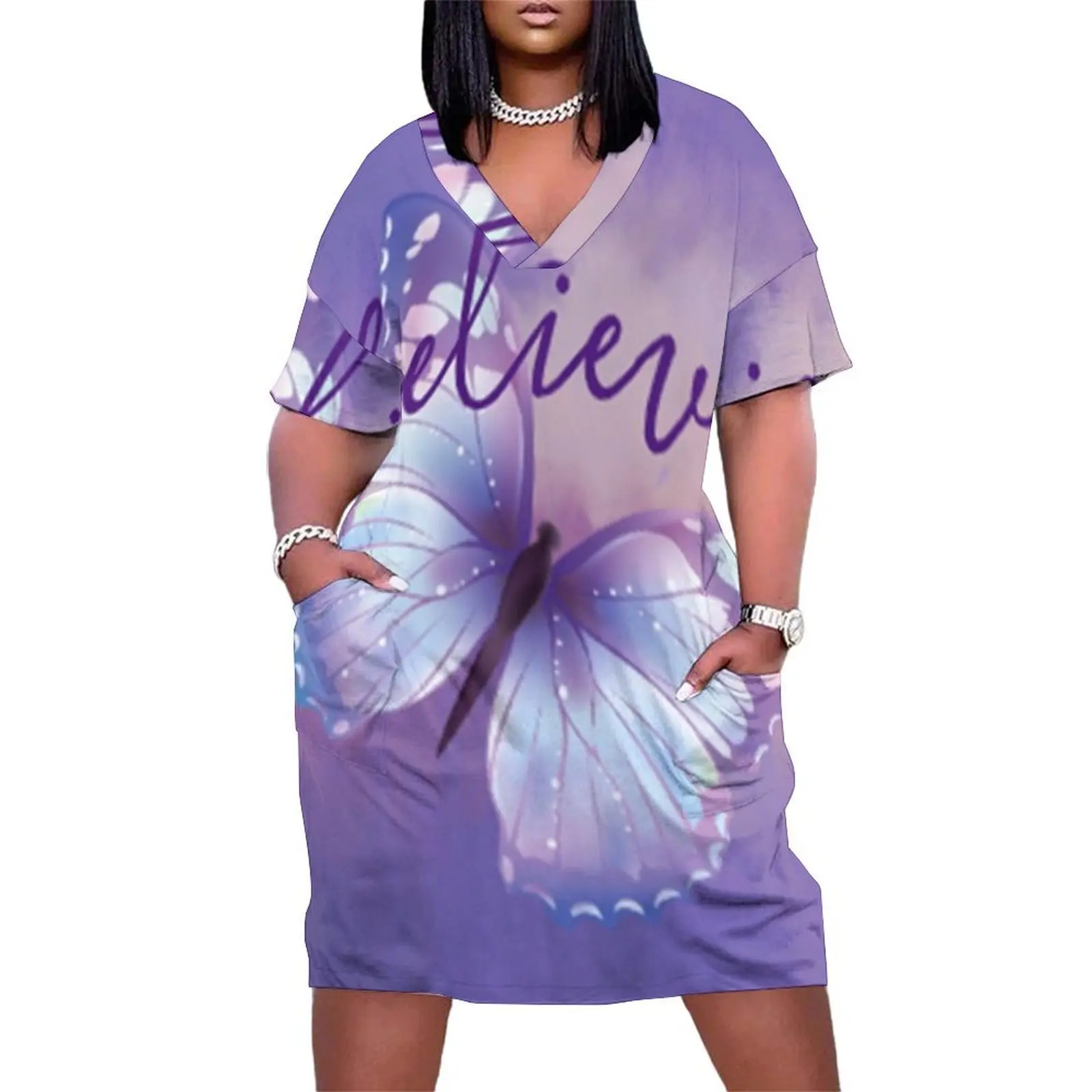 Believe ~ Purple Pastel Butterfly Loose Pocket Dress Dress women women dress summer daily for pregnant women