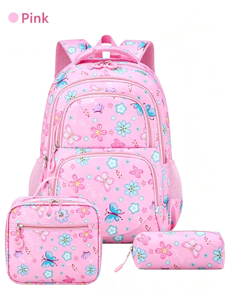 Girls 3Pcs Flower Butterfly Print School Backpack Set, Elementary Middle School Student Bookbag with Lunch Box & Pencil Case