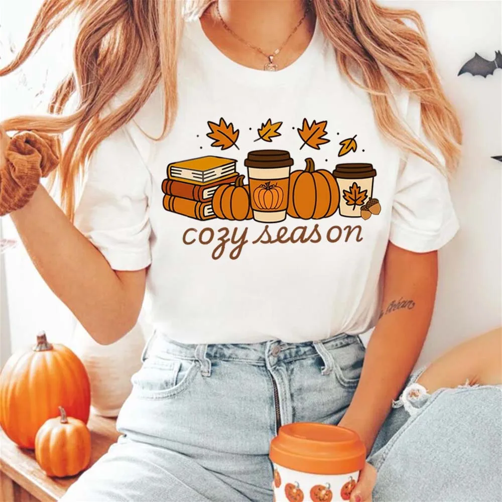 

Cute Pumpkin Pattern Simple Retro Fashion Printed Short Sleeve O-Neck Clothing 90s Regular Halloween Top Cartoon White T-Shirt
