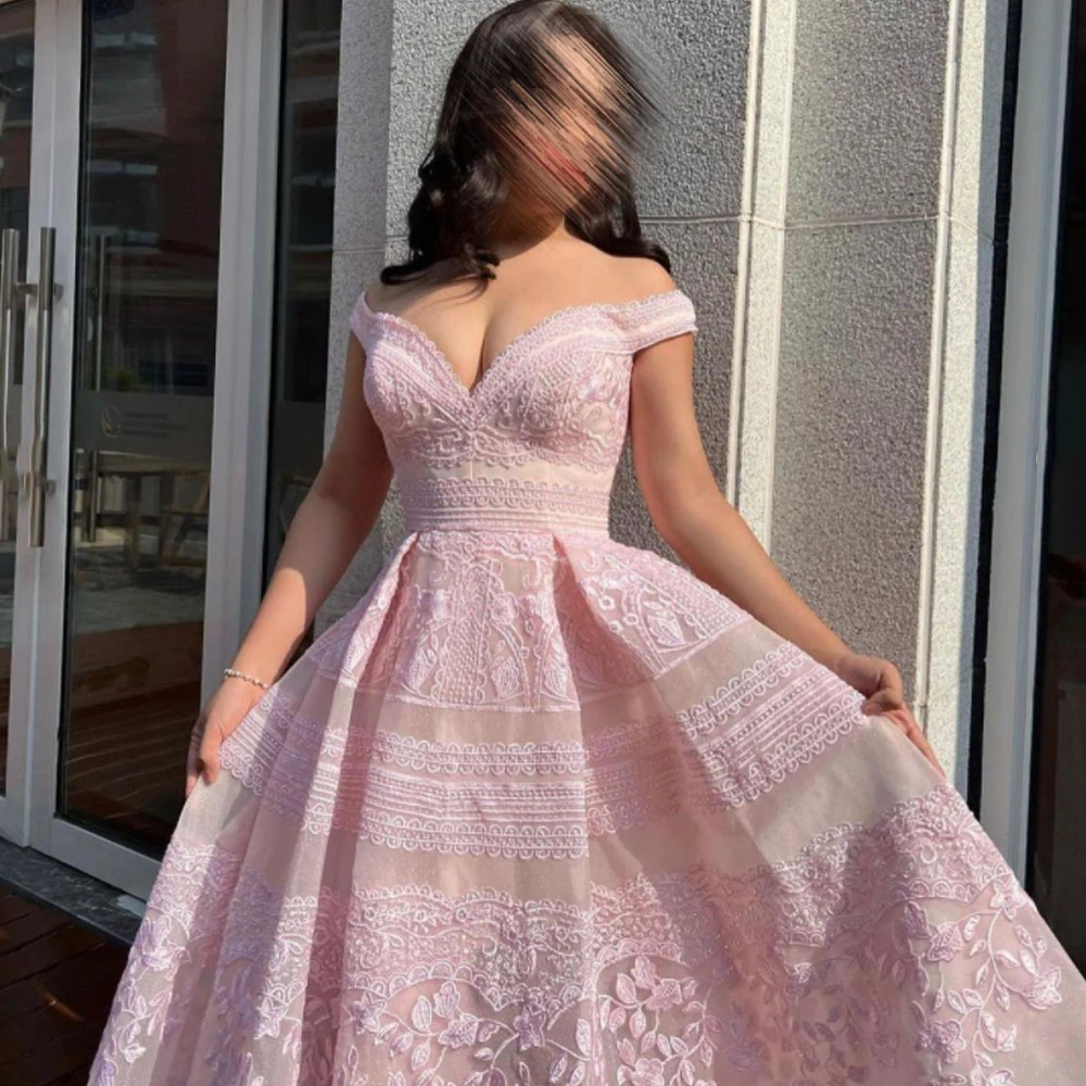 Customized  Appliques Slim Floor-Length High-end Custom Gowns Pink V-Neck Off the Shoulder A-LINE Formal Evening Dress 2023 