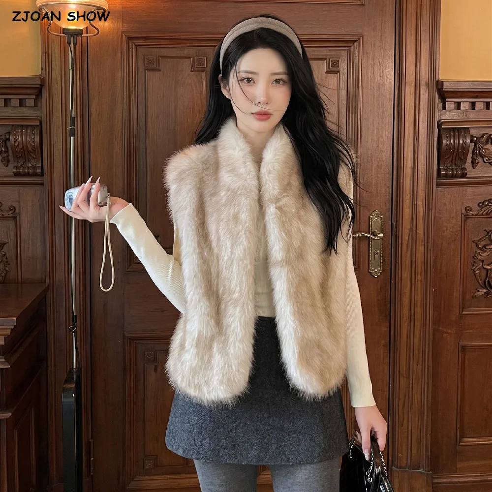 Vintage Women Autumn Winter Stand Collar Faux Fox Fur Sleeveless Coat Loose Straight Shaggy Waistcoat Vest Outerwear