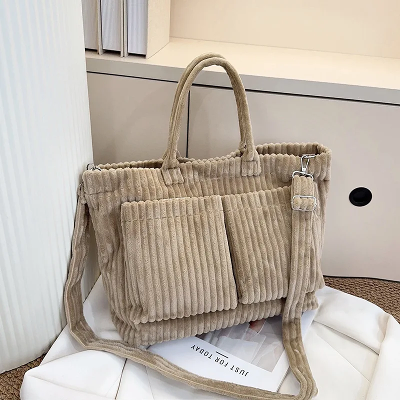 

Simple Solid Color Corduroy Shoulder Bags for Women Large Capacity Ladies Multi-Pocket Tote Handbags Student Crossbody Bag