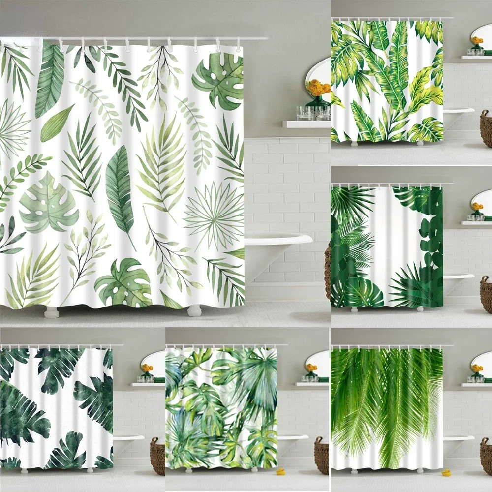 Mehrstiliger tropischer grüner Blatt-Duschvorhang, Aquarell-Monstera-Palmen-Bananenblatt-Druck, wasserdichter Stoff, Badezimmer-Vorhang