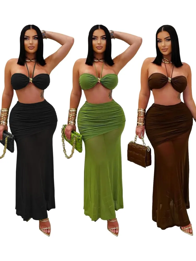 Bademode Rock Cover-up 2-teiliges Set Frauen Crop Tops und langen Rock Badeanzug Fashion Solid Hohl Sexy Strand Cover Up Outfits