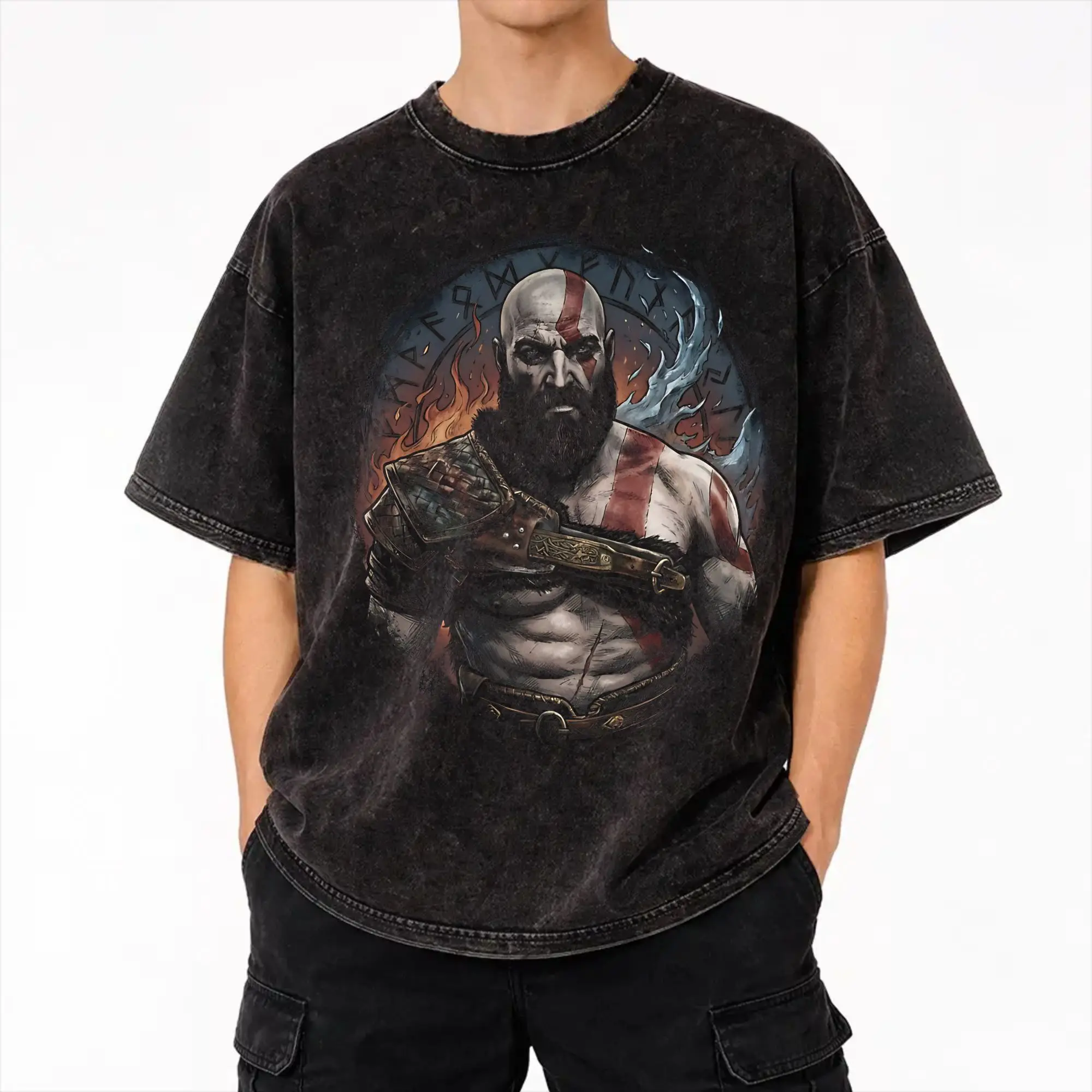 Kratos Leviathan Axe Warrior God of War T Shirt Hip Hop Washed Short Sleeve Oversize T-Shirts  Vintage Men Women Streetwear