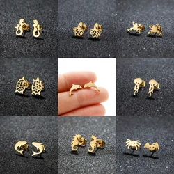 Stainless Steel Earrings Stud Girl Mermaid Tortoise Dolphin Octopus Seahorse Under The Sea Animals Men Funny Jewelry Accessories