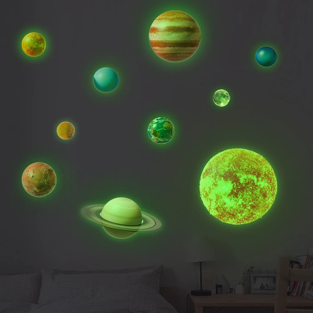 Eight Planets Luminous Wall Stickers Creative Glow Dark Fluorescent Ceiling Decorative Decals for Home Kids Room Nursery