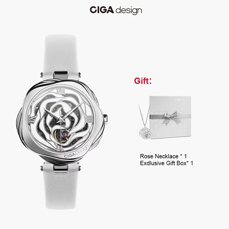 

CIGA Design Автоматические часы для женщин Дания Роза Скелет Механический кожаный ремешок Наручные часы Женские элегантные наручные часы