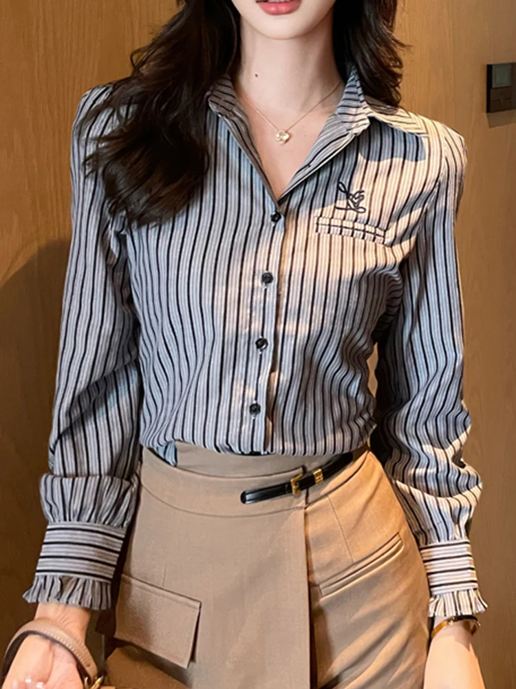 

Полосатые рубашки в консервативном стиле, модные элегантные женские рубашки, новые весенние женские блузки, рубашки с длинными рукавами, топы, Blusas Mujer