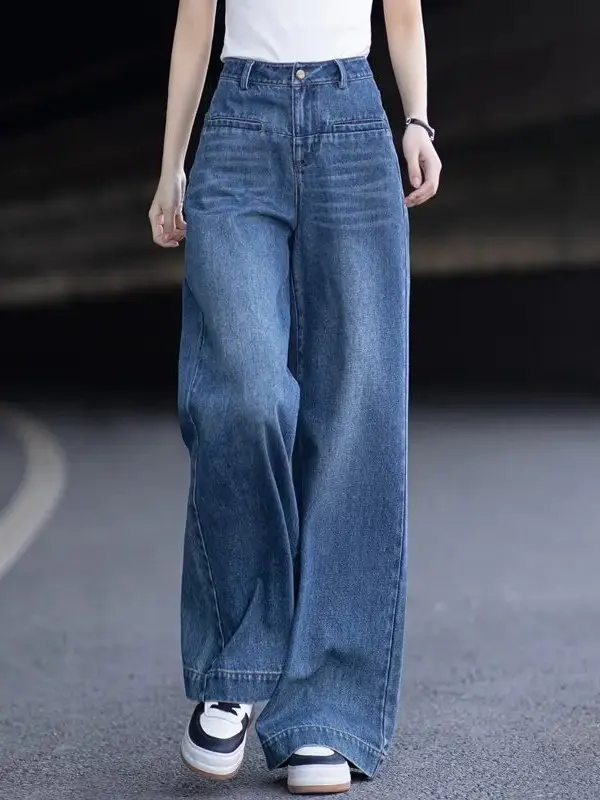 

Синие джинсы с высокой талией и широкими штанинами для женщин, новинка весны, моделирующие фигуру, не обтягивающие, длинные, модные джинсы.