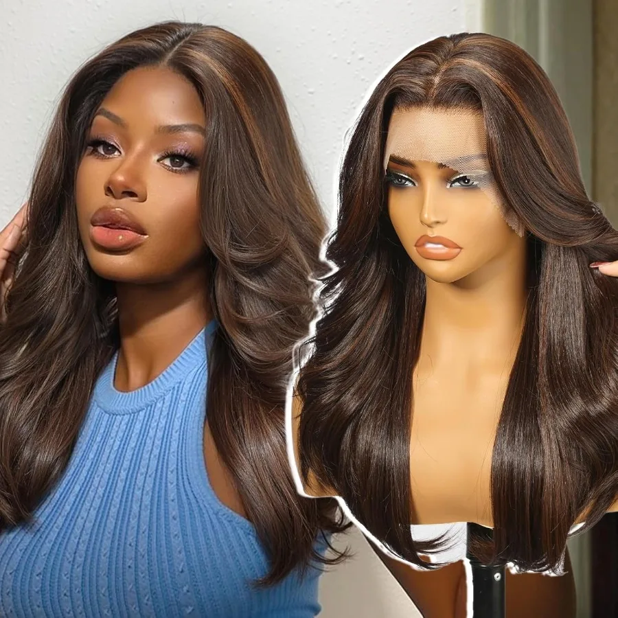 باروكة أمامية من الدانتيل الاصطناعي باللون البني 13X6 HD شعر مستعار طويل مستقيم بدون صمغ للنساء للاستخدام اليومي 20IN مثالي للارتداء اليومي