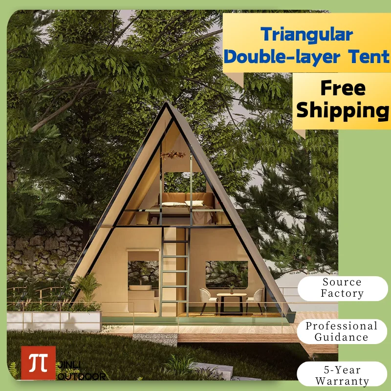 Triangular Oxford Double-layer Tent Galvanized Square Tube  Two Floor Villa Cabin Anti-light Luxury Rain Camping Tent Glamping