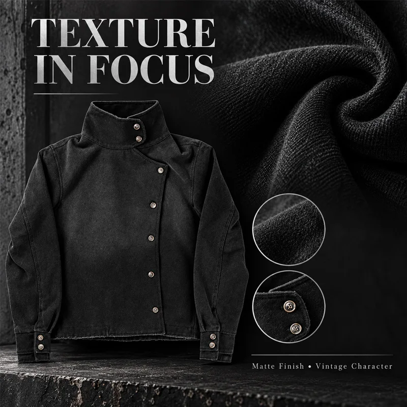 2026 Herbst Winter Unisex Gothic Asymmetrische Knopf-Cropped-Jacke Vintage Gewaschener Schwarzer Stehkragen Streetwear-Mantel – Detail 9