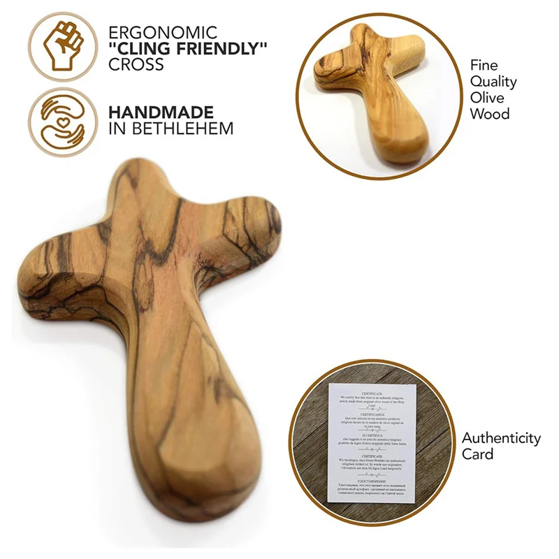 A88E-4Inch Hand Held Olive Wood Clinging Cross Fine Prayer Comfort Holding Wooden Cross - Hand Held Palm Size