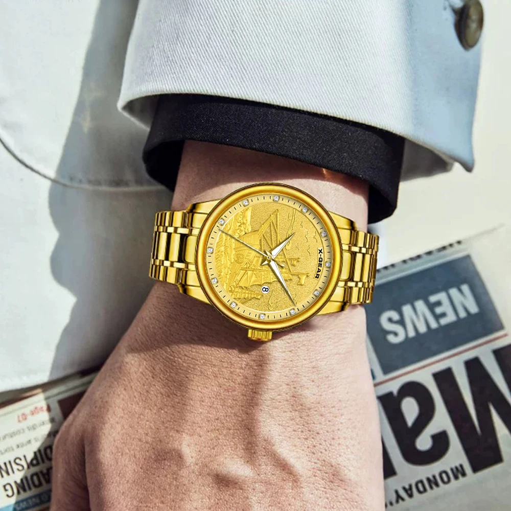 นาฬิกาข้อมือผู้ชาย X-GEAR รุ่น Golden Watch หน้าปัดทรงเรือ กันน้ำ พร้อมปฏิทิน ระบบควอตซ์ ตัวเรือนสแตนเลส