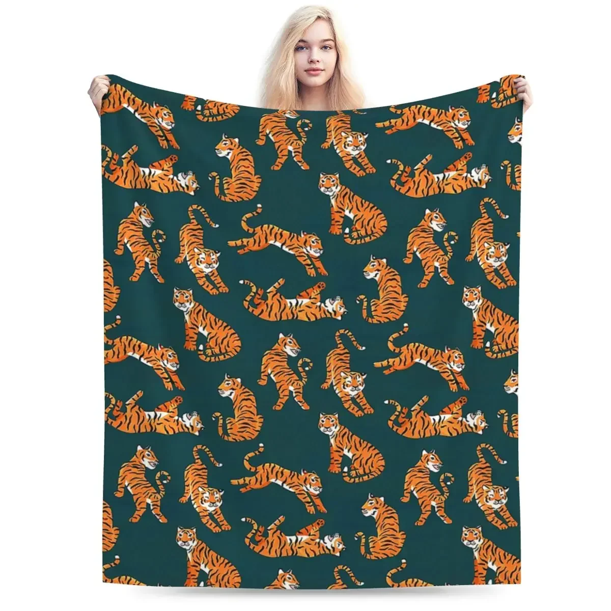 Simple Tiger Illustration - Orange And Teal Blanket Soft Warm Flannel Throw Blanket Bedspread for Bed Picnic Travel Home Couch