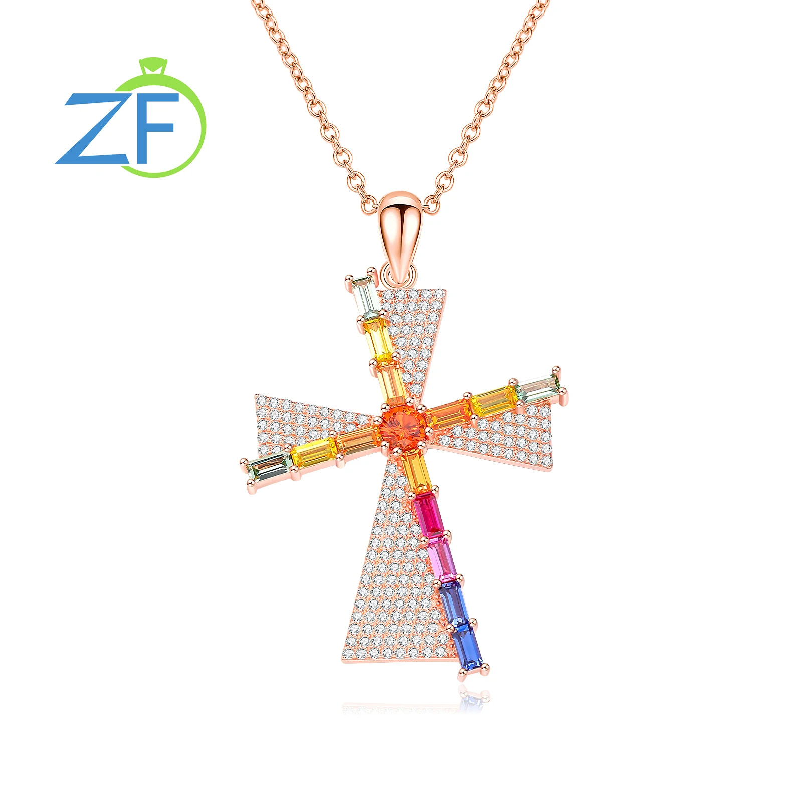 

GZ ZONGFA 925 Sterling Silver Double Cross Pendant Necklace for Women 3ct Colorful Gemstone Rose Gold Necklace Fine Jewelry