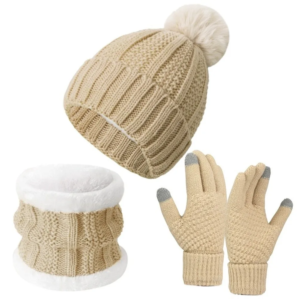 3pcs Soft Solid Color Hat Scarf Gloves Set Cute Pompom Thickened Knitted Hat with Velvet Keep Warm Beanie Hat Gift