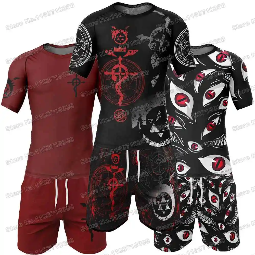 Fullmetal Alchemist Rash Guards Surfing Jersey Beach Shirts Swimwear Diving Gym Shorts MMA BJJ Men Jiu Jitsu Fitness Sets