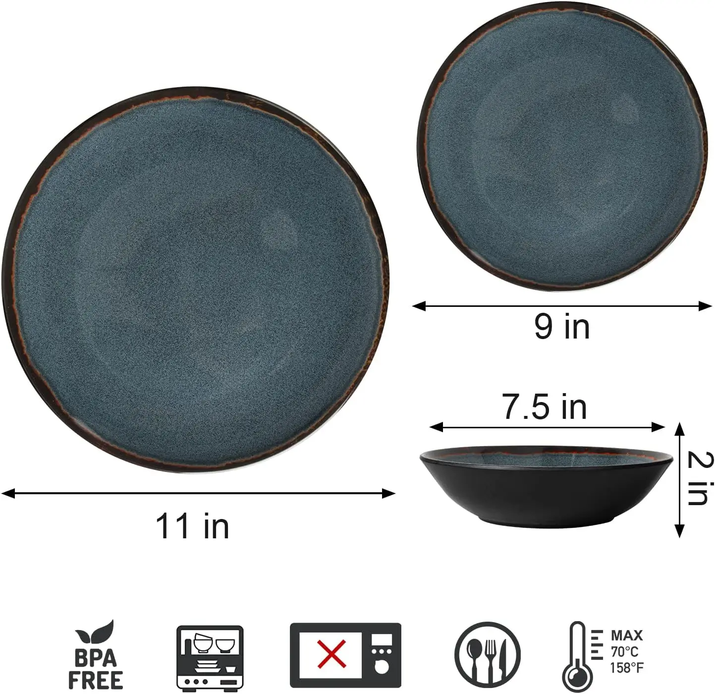 أطقم أواني طعام من الميلامين 100% مكونة من 12 قطعة طقم أطباق للاستخدام الخارجي والداخلي - تتضمن 4 أطباق عشاء و4 أطباق سلطة