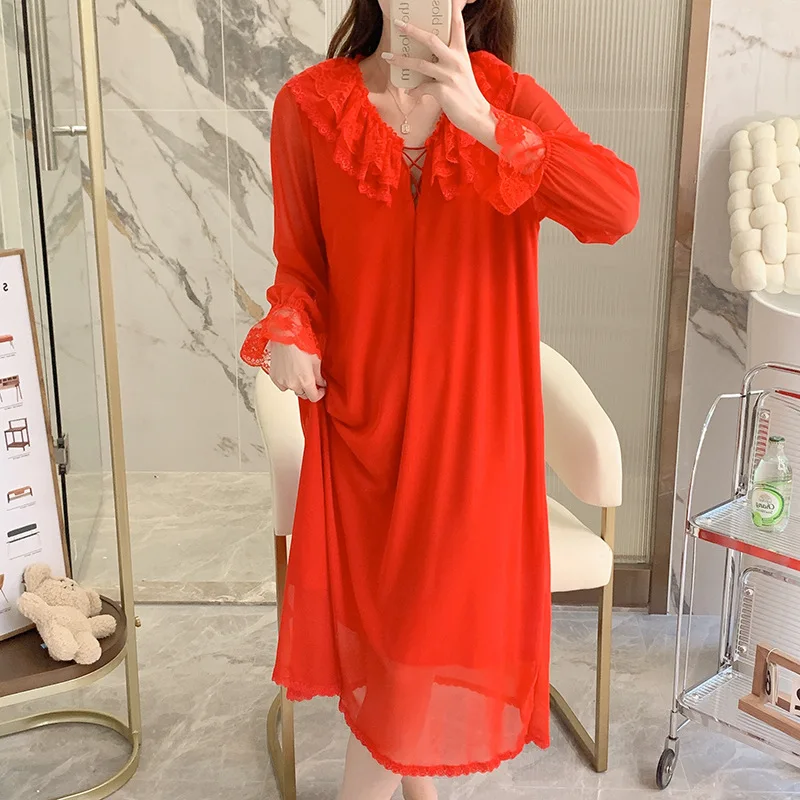 Court Princess Nightgowns Modal Spring Autumn Medium Long Pajamas Dress Lace Mesh Loungewear Nightdress Women Sleepwear 3