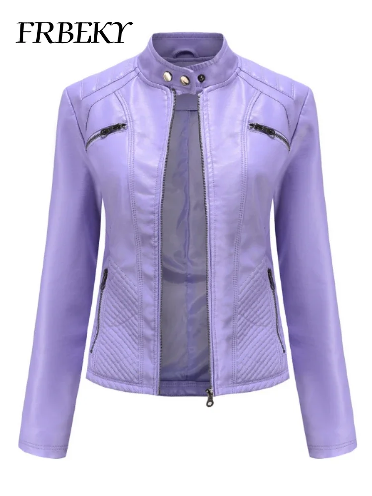 Casaco feminino outono nova jaqueta de couro casual gola manga longa jaqueta fina cor sólida casaco streetwear jaqueta com zíper