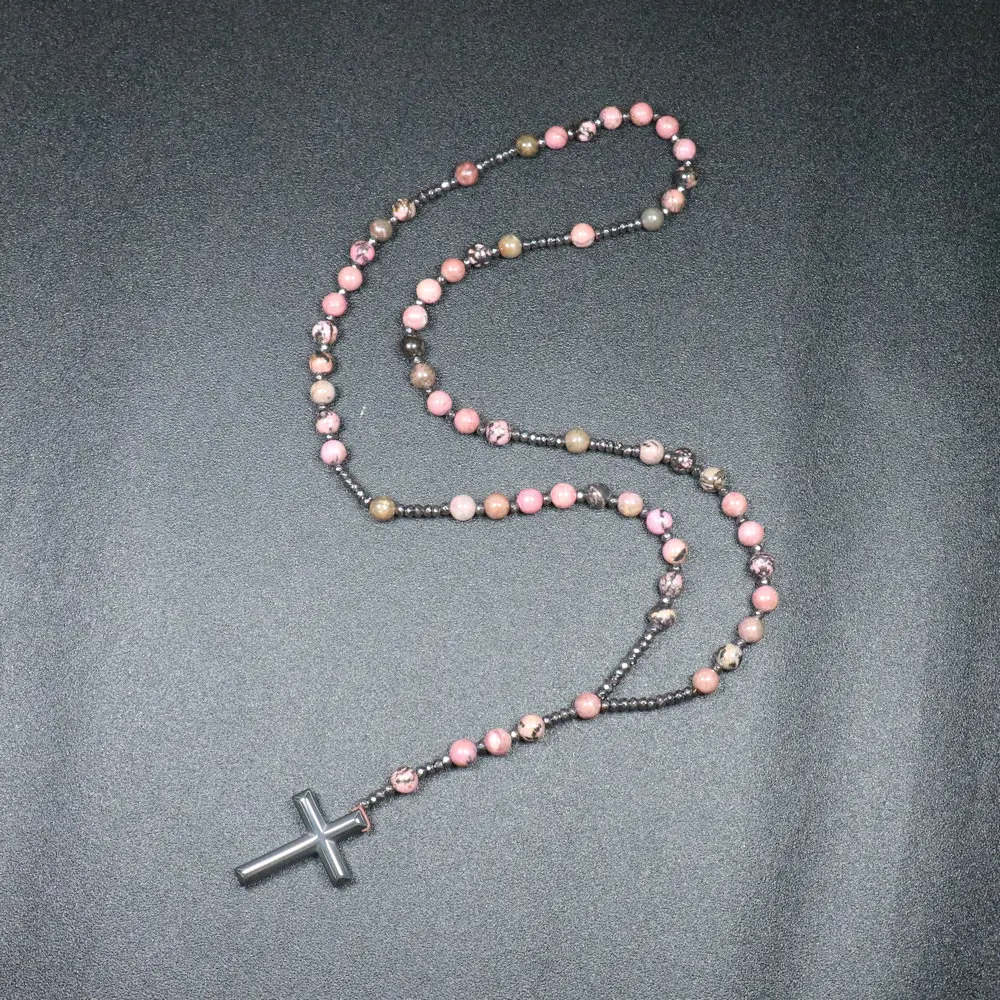 1PC Rose Red Natural Stone Cross Bead Necklace with Iron Gallstone Beads Handmade Beads 8mm Men\'s Ethnic Style Necklace