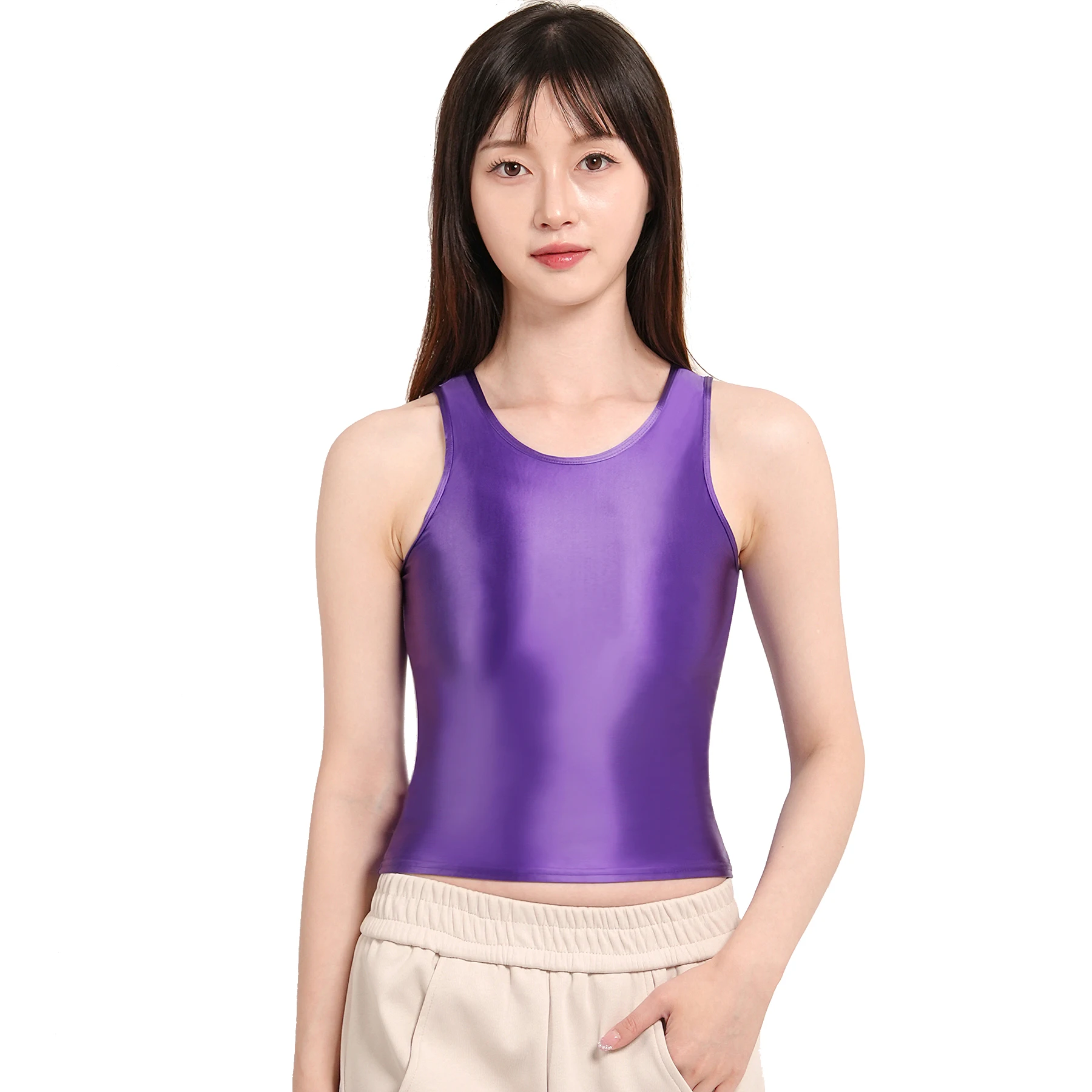 

Women's Shiny Glossy Sun-top Silk Base Shirt, Casual Tees, Sleeveless Short Tanks, Sexy Tights, Candy Color, Summer Vest