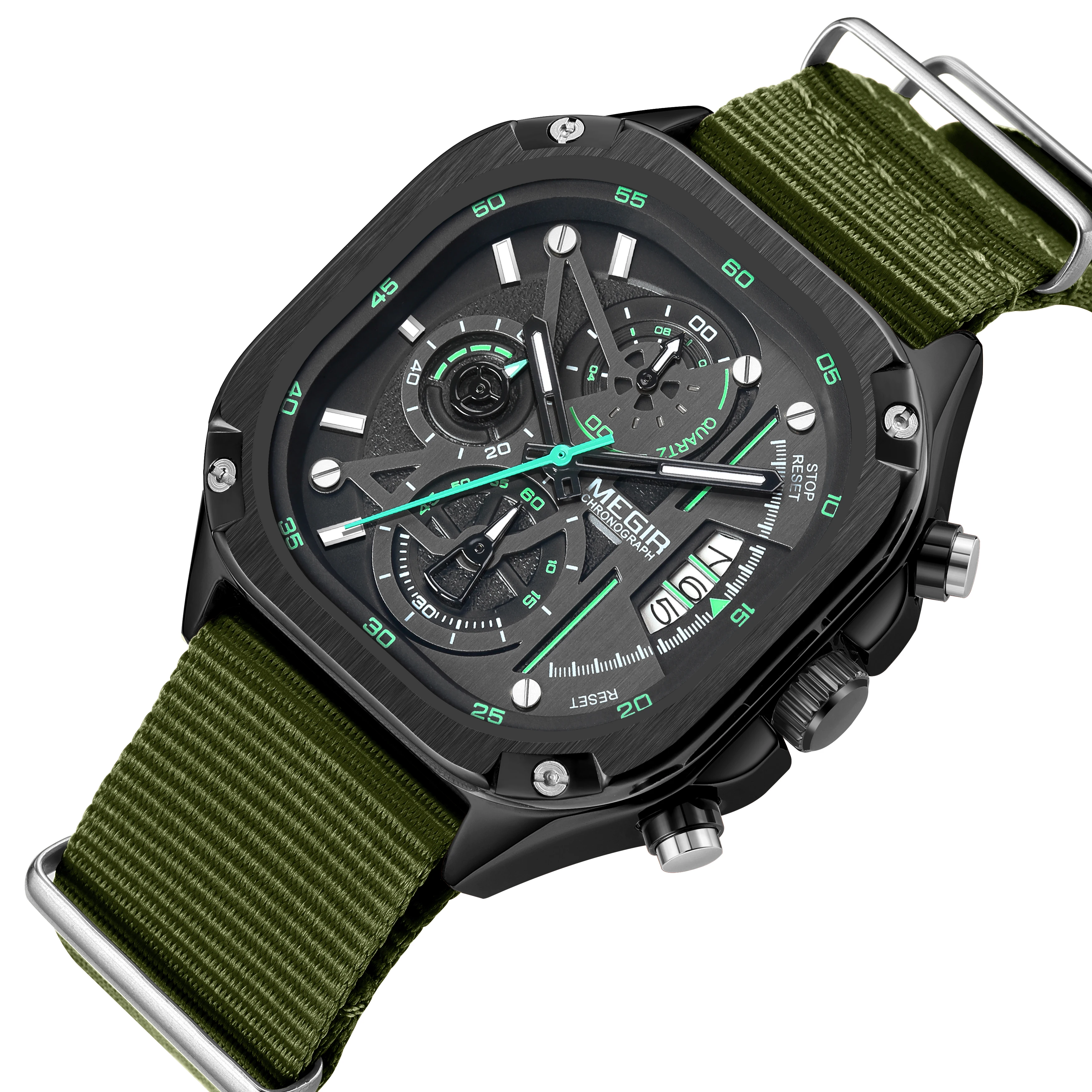 Fashion Megir Green Canvas Band Men\'s Quartz Sports Waterproof Clock Chronograph Luminous Hands Large Dial For Men Wrist Watches