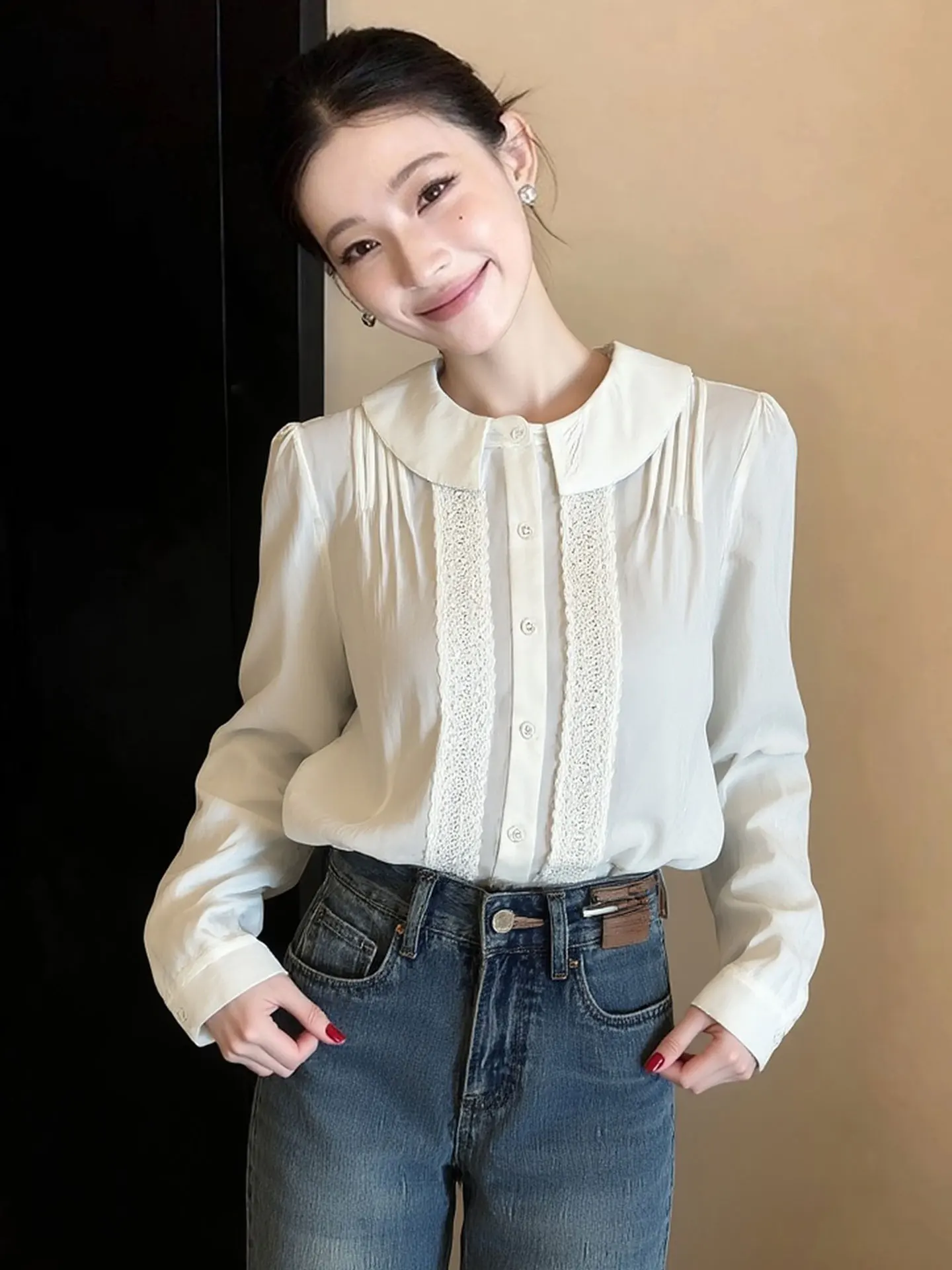 

Ele Korean Sle Pure Color Long Sve Loose Casual irt Women's Spring Faion Straight Cut Silk Top Commute Friendly