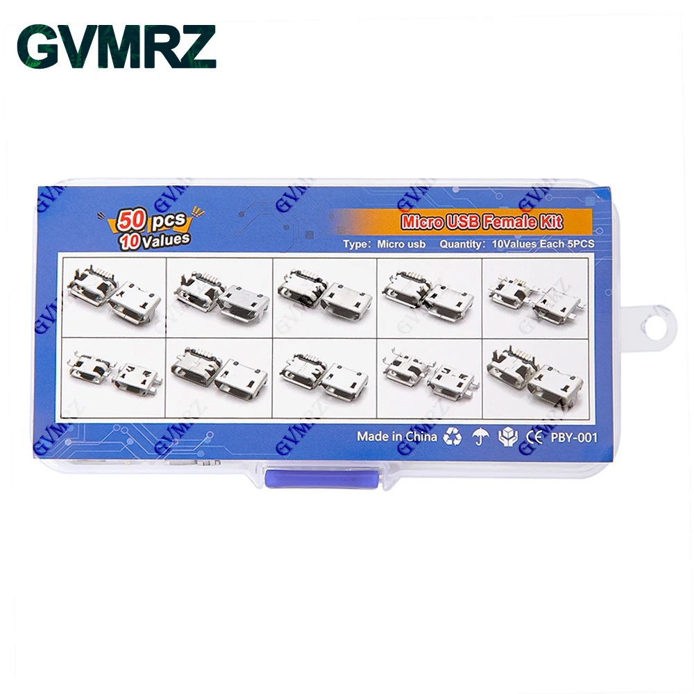 50PCS 10Values Micro USB Female Connector Kit for Electronics DIY & Repair Projects