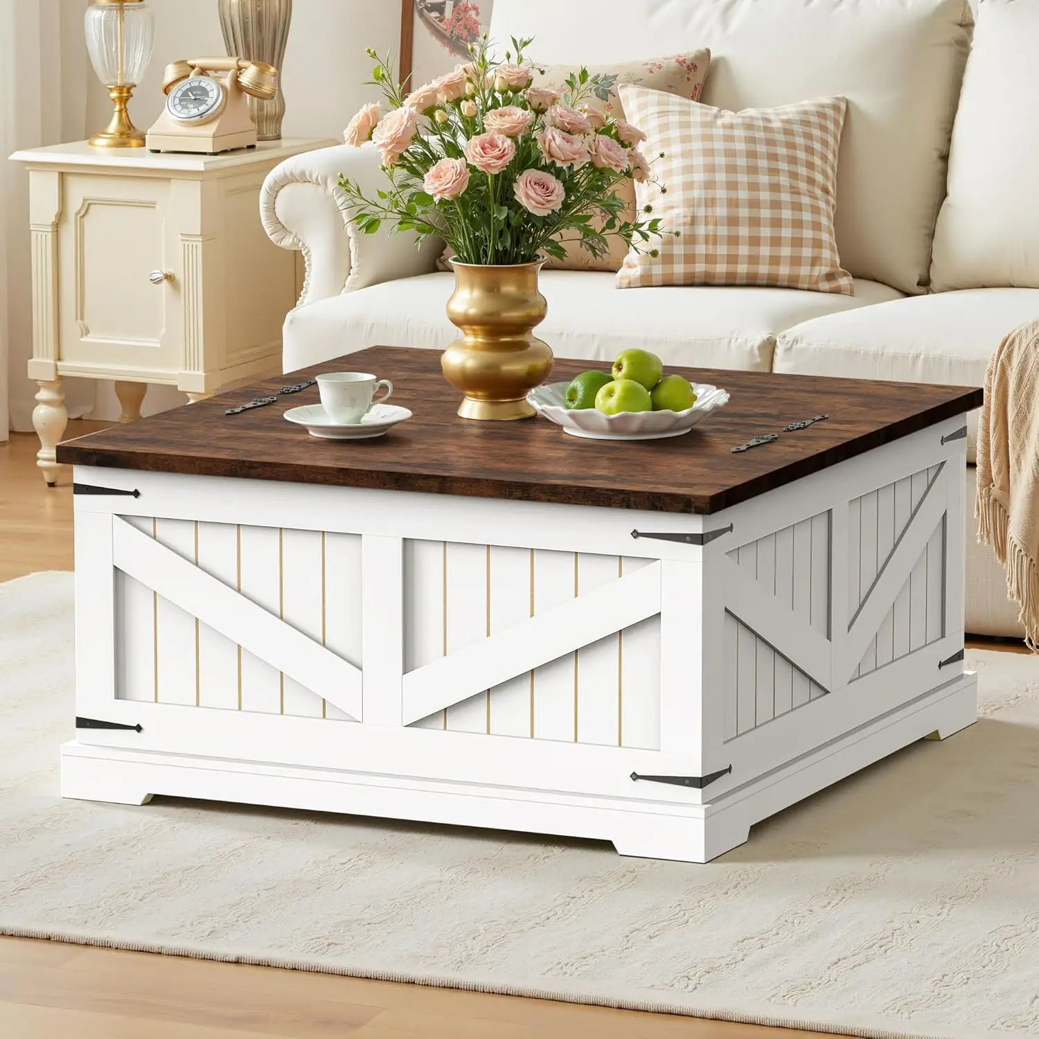 Farmhouse Coffee Table With Storage, 32" Square Wood Center Table With Dual Flip-Top Lids, Hidden Storage Compartme