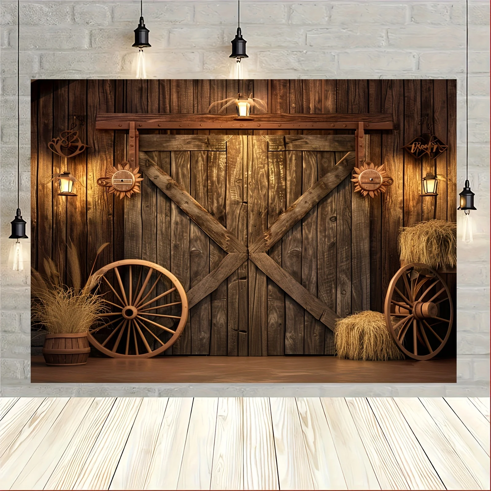 Western Cowboy-themed polyester background - vintage barn door and log cabin designs, party, and birthday decorations
