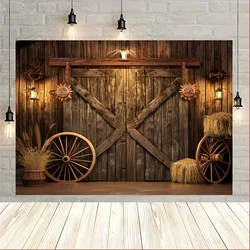 Western Cowboy-themed polyester background - vintage barn door and log cabin designs, party, and birthday decorations
