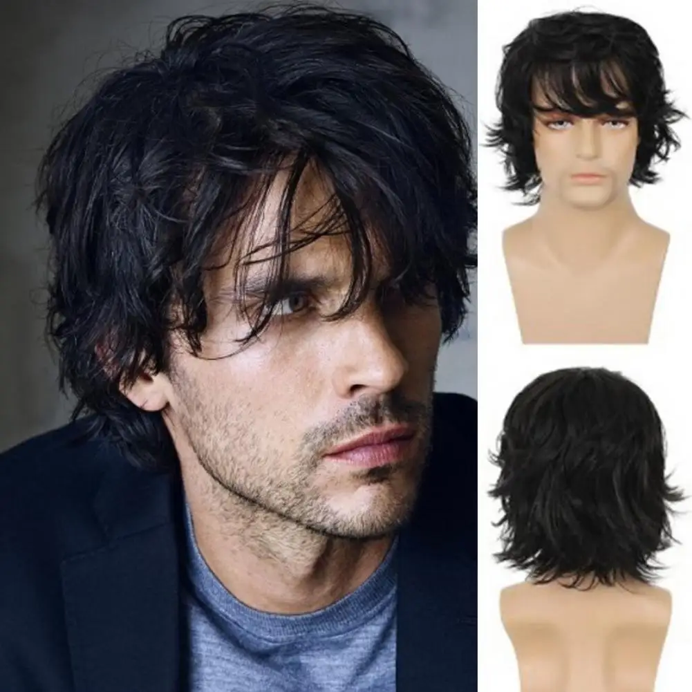 

Мужской короткий кудрявый парик с челкой, пушистый, естественного вида, из термостойкого синтетического волокна, черный, коричневый, золотистый