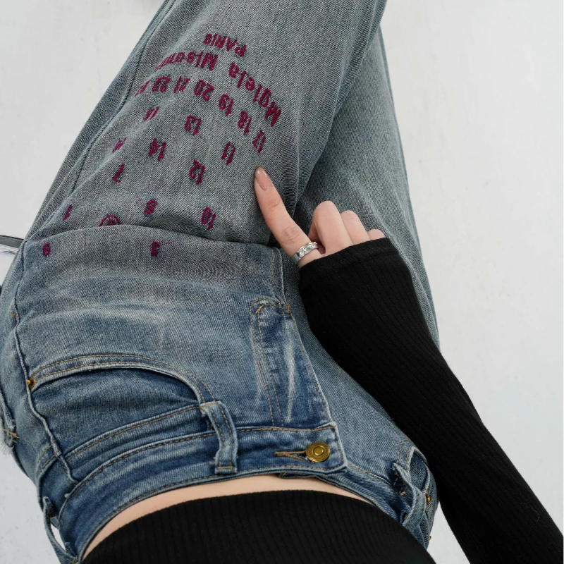 

Vintage Embroidery Jeans Woman Elastic Pocket Trousers Letter Straight Jeans Spring Autumn High Waist Women Wide Leg Denim Pants