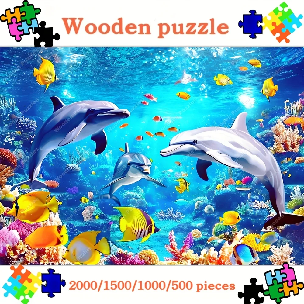 2000/1500/1000/500 Stück Holzpuzzles für Erwachsene – lebendige Unterwasserszene mit Delfinen und Korallenriff, gemischte Farben, I