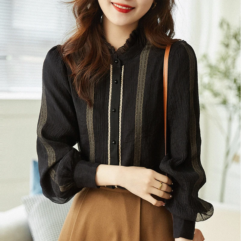 Women's Korean Fashion Ruffled Lace Patchwork Elegant Button Up Shirt Office Lady Black White Long Sleeve Blouse Chic Loose Tops