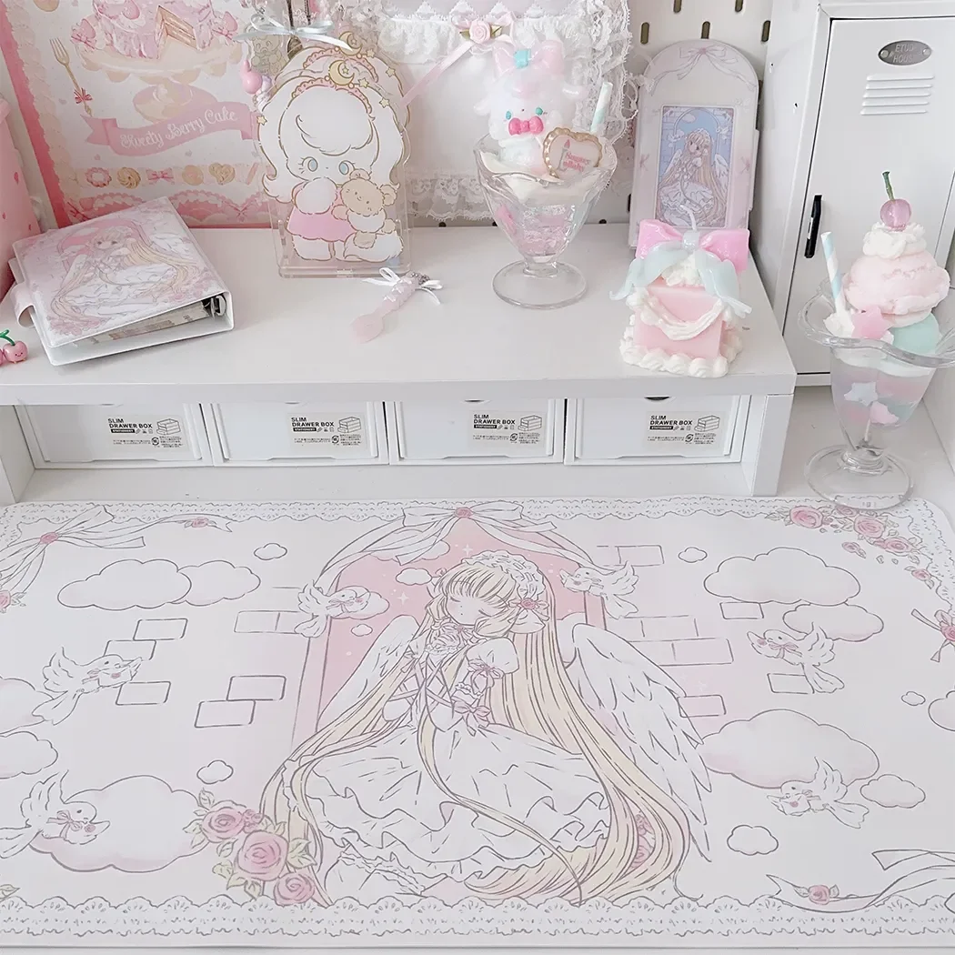 Mouse Pad de Couro PU Y2K com Asas de Anjo Rosa de Menina de Anime Japonês para Jogadores e Escritório