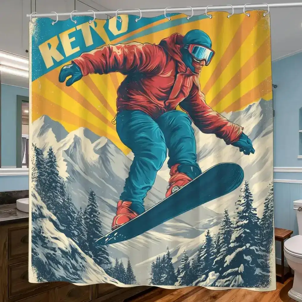 Retro Snowboarder Shower Curtain – Vintage Ski Poster Art, 12 Hooks, 70.87×70.87